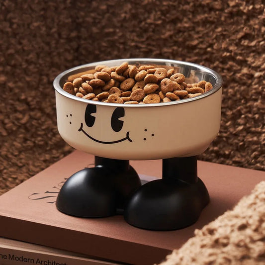 Pet Bowl A smiling face high-legged, fashionable stainless steel large-capacity dog bowl for feeding and water, neck-protectin