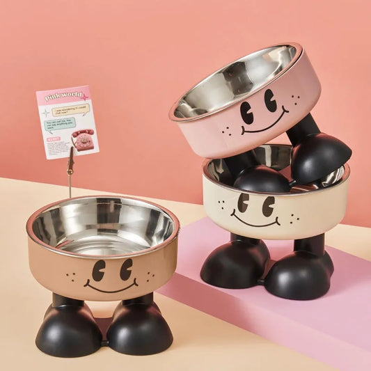 Pet Bowl A smiling face high-legged, fashionable stainless steel large-capacity dog bowl for feeding and water, neck-protectin